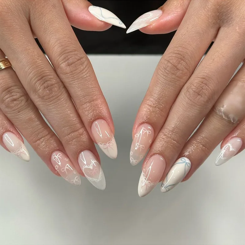 24pcs Simple Press on Nails Love Lace Bow Medium Long Woman False Nails for Women Almond Nails To Stick on Aesthetic Nail Tips 8 S313312c64df640f391ee2f9d72ebf02cH