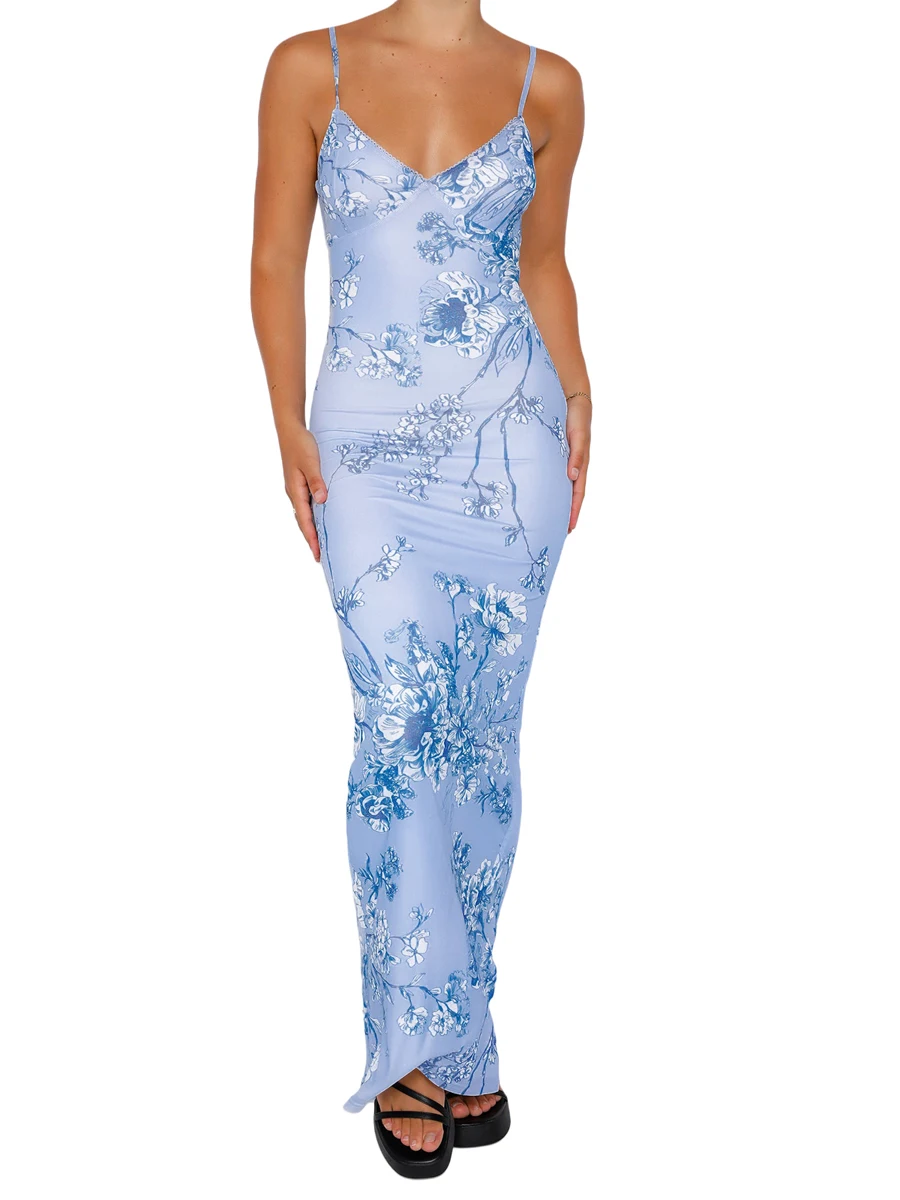 

Women's Vintage Floral Print Bodycon Long Dress Summer V Neck Spaghetti Strap Backless Cocktail Party Dress Club Streetwear