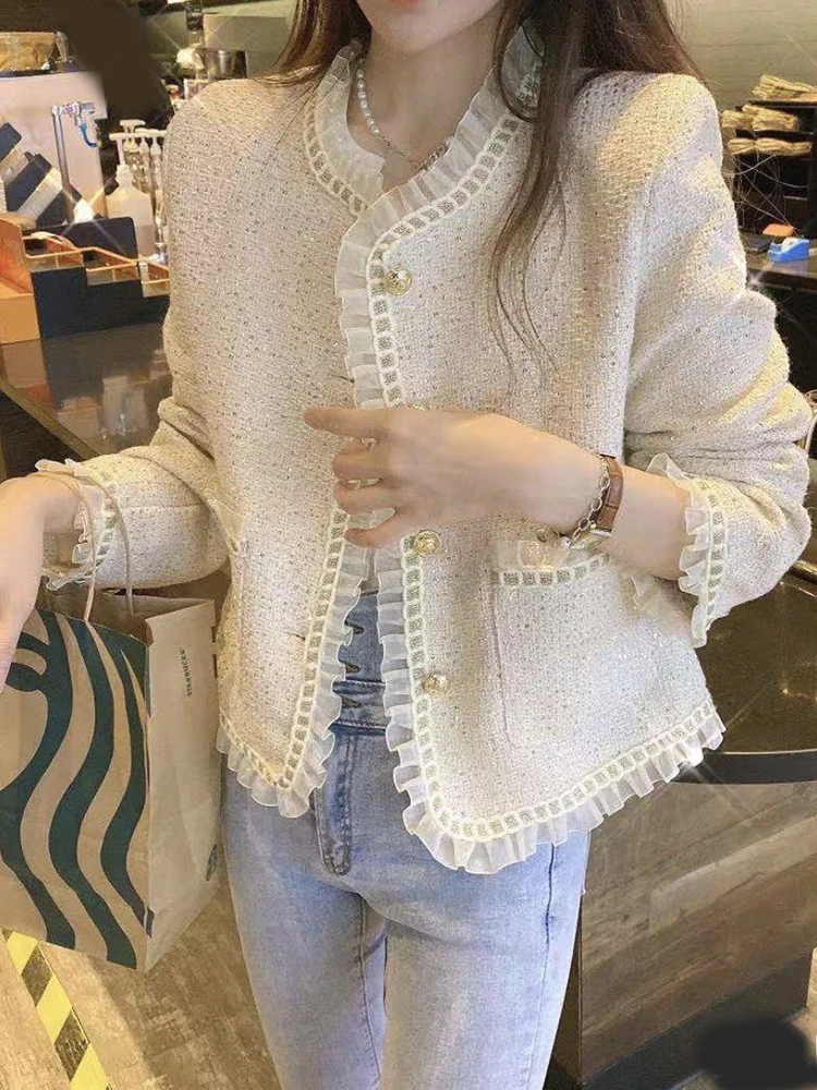 

Jmprs Simple Lace Patchwork Tweed Jacket Women Korean Sweet Long Sleeve Slim Coat Design Fashion All Match Female Casual Outwear