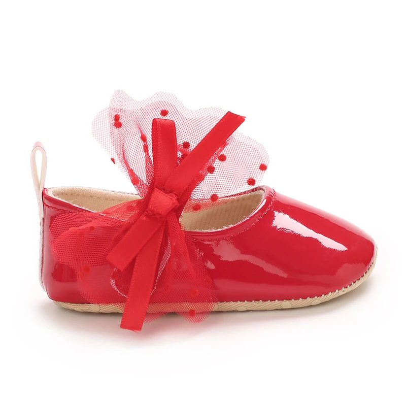 Red Girl Bow Decoration Princess Flat Shoes With Anti Slip Fabric Sole Walking Newborn Baby Crib Dress Shoes 0-18M