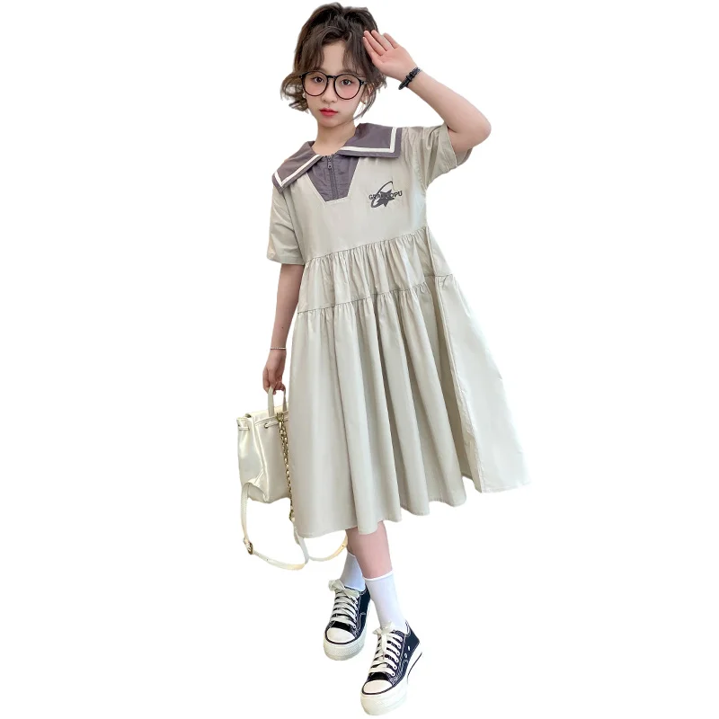 

2024 Spring Fall Fashion Teen Girl Dresses Kids College Style Short Sleeve Dresses for Tween Girls Preppy Sailor Collar Clothing