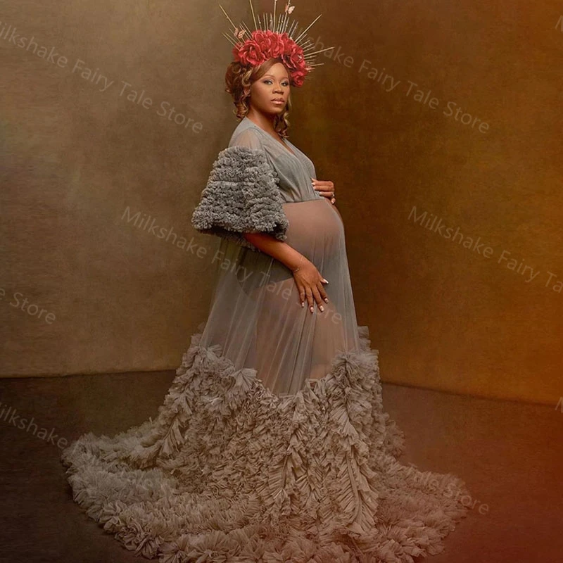 Africa Grey Maternity Dresses Puffy Half Sleeves Pregnant Women Gown for Photoshoot Ruffles See Thru Tulle Pregnancy Babyshower