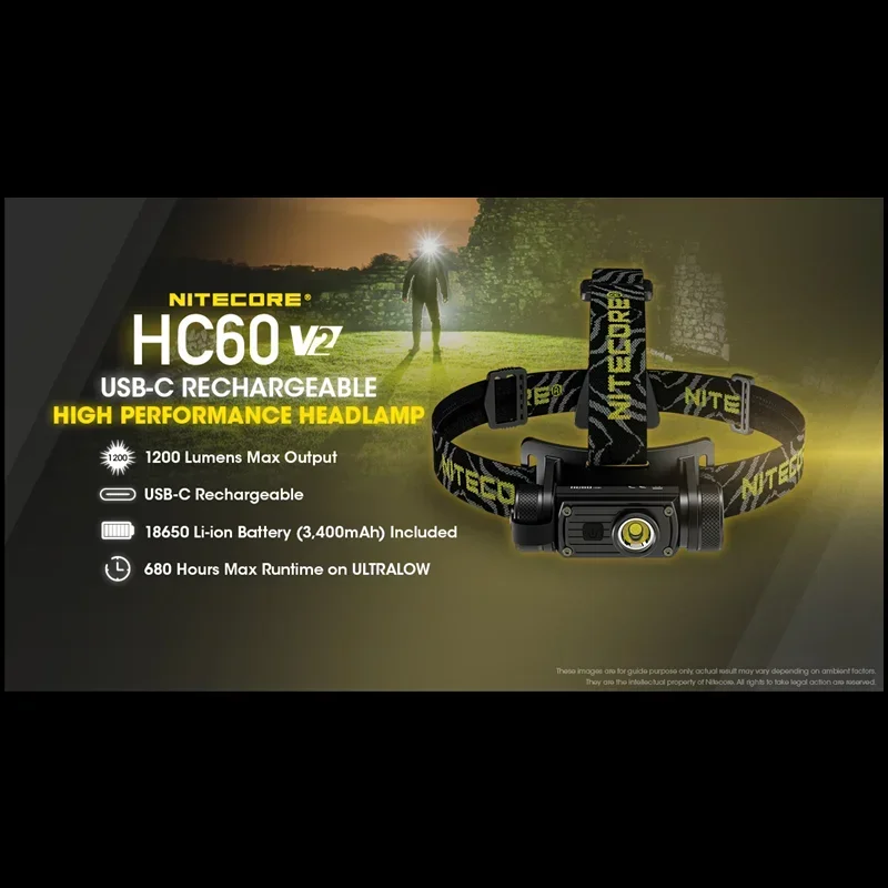 NITECORE HC60 V2 Headlamp 1200 Lumens Rechargeable Utilizes P9 LED Source 3400mah Battery