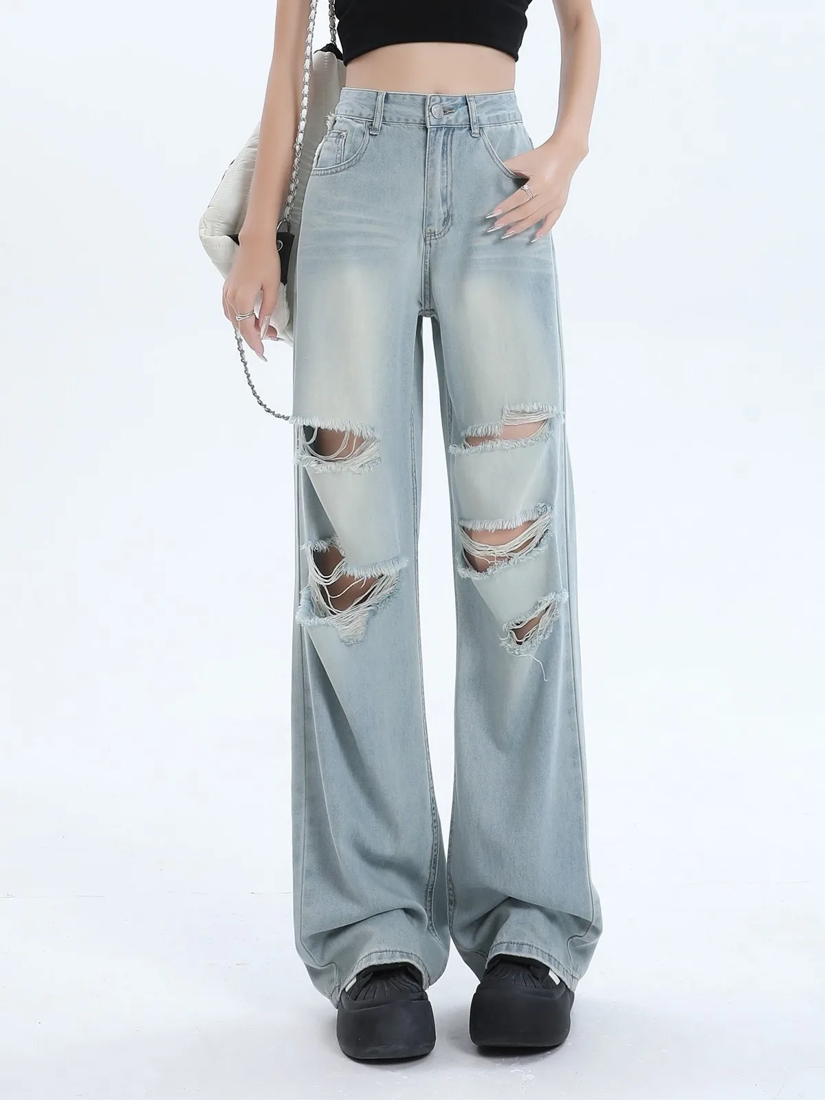 

Винтажные рваные джинсы ZHISILAO, женские повседневные широкие прямые джинсовые брюки с высокой талией и дырками в полную длину, уличная одежда 2024