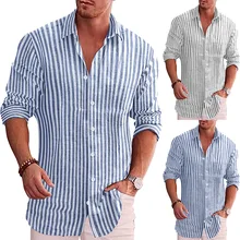 

Men Shirt Spring and Summer Fashion Striped Loose Long-Sleeved Shirt Men's Vintage Single-Breasted Turn-down Collar Shirt