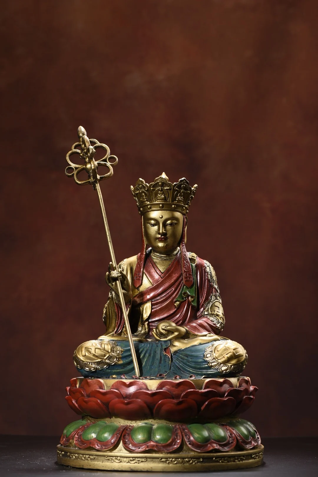 

11"Tibetan Temple Collection Old Bronze Painted Cinnabar Ksitigarbha Bodhisattva Amitabha Buddha Lotus Terrace Worship Hall