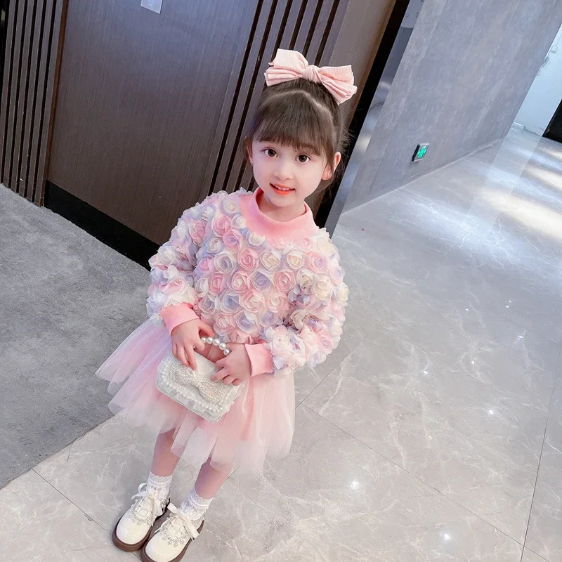 2023 Autumn Winter Baby Girls Dresses Birthday Party Floral Lace Princess Dress Children Casual Clothes 1-6 Years Kids Clothing