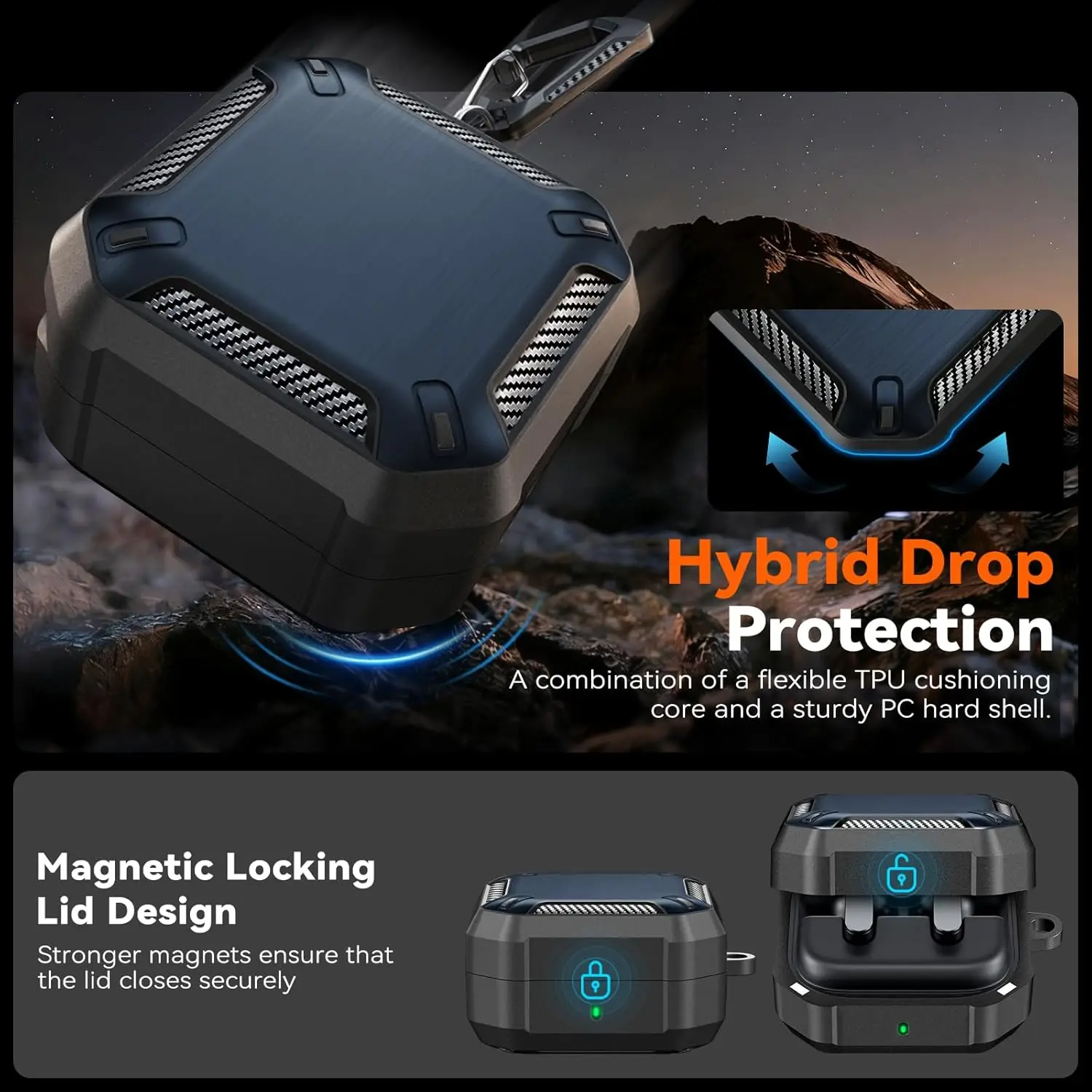 Earbuds Case with Magnetic Closure and Carbon Fiber Texture Design