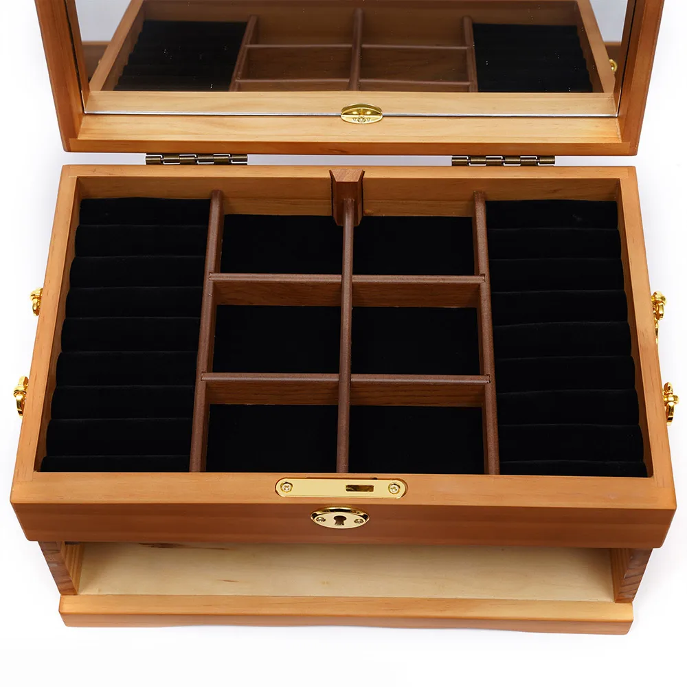 Schmuckschatulle aus Holz, 3-stufiger Organizer mit Schloss, Vintage-Stil mit Spiegel für Schlafzimmer, Ankleidezimmer, Ring, Ohrring, Halskette, Aufbewahrung – Detail 5