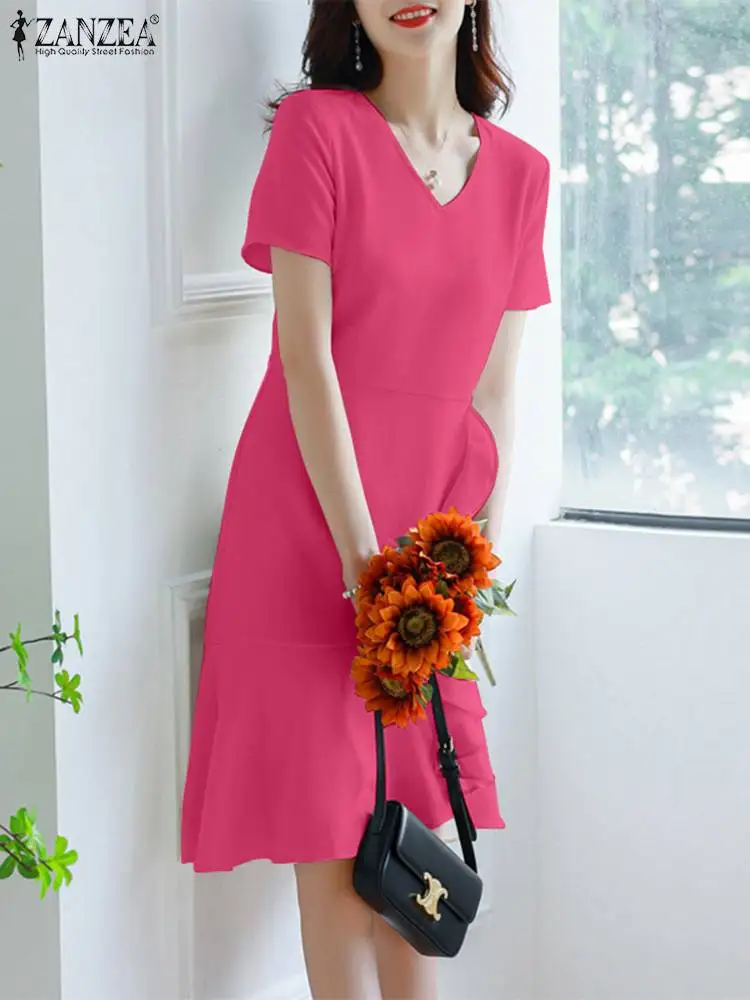

ZANZEA Sexy Korean Style Vestido Package Hip Ruffles Robe Short Sleeve Fashion Mermaid Dress Pink Sheath Women Knee-length Dress