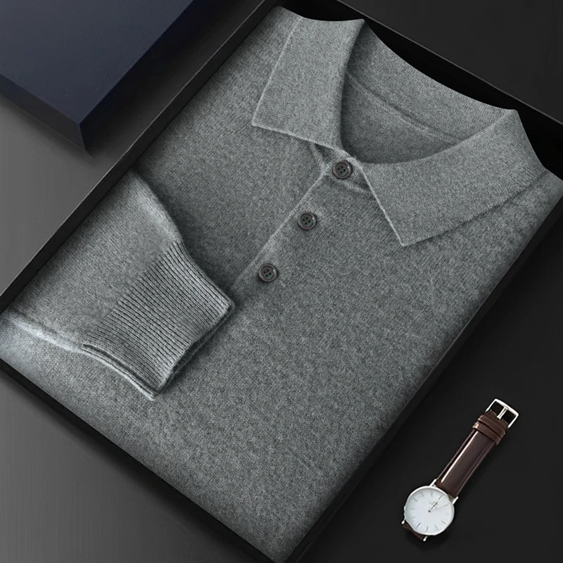 Men Knitwear Australian Wool Pullover Cashmere Sweater Polo Collar Thick Style Long Sleeve Warmth Basic Business Clothing Tops 3