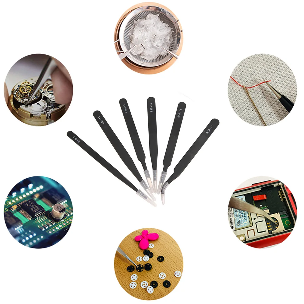 6PCS Precision Tweezers Set ESD Anti Static Stainless Steel Tweezers Repair Tools for Electronics Repair Soldering Craft precision tweezers esd anti static tweezers soldering tweezers tweezer tool
