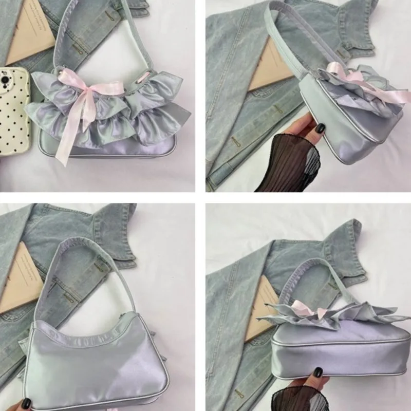 JIAERDI Sweet Ruffled Edge Bow Y2k Handbag Women Versatile Fairycore Aesthetic Shoulder Bags Ladies Retro Hobos Bag Aesthetic