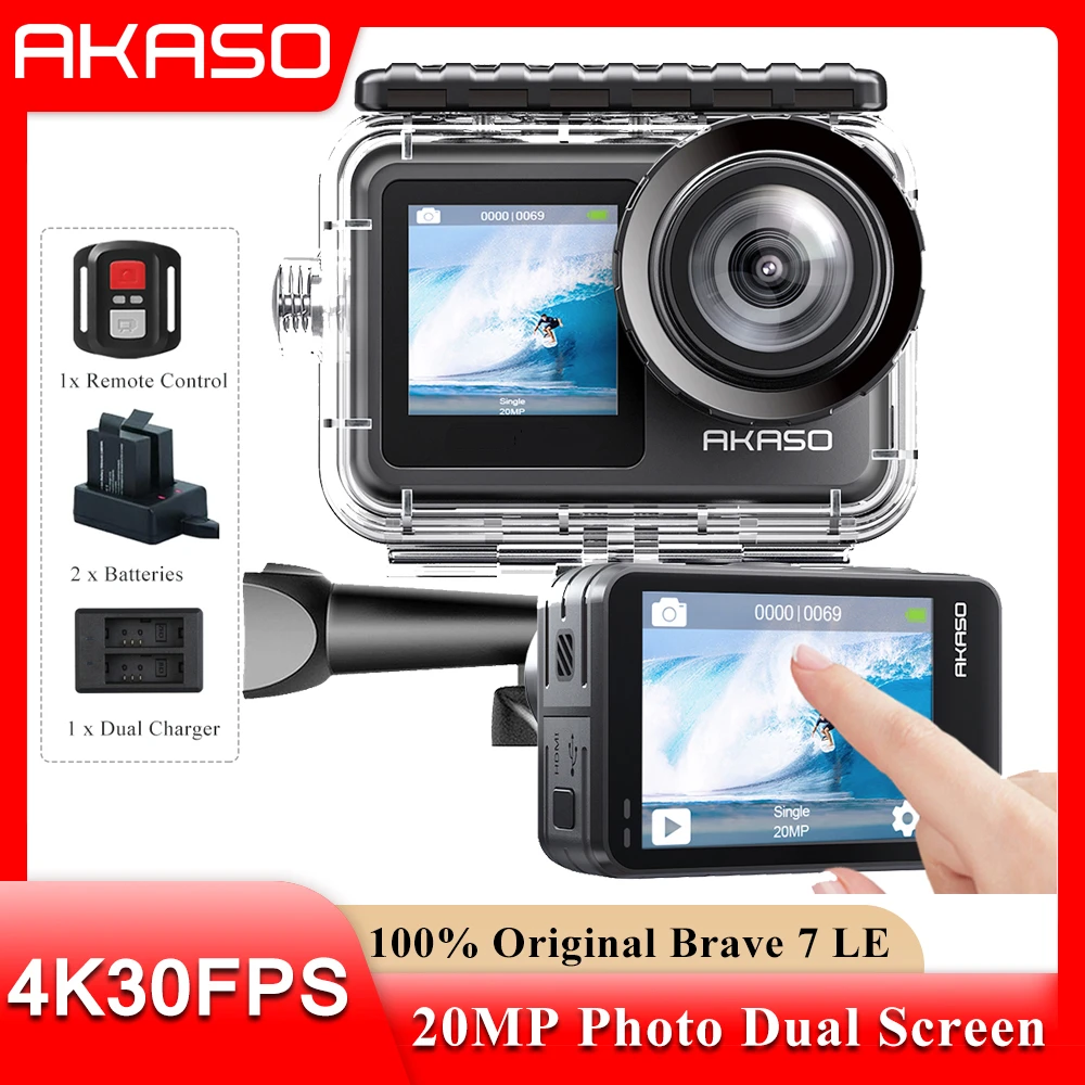 action camera with longest battery life AKASO Brave 7 LE 4K30FPS 20MP WiFi Action Camera 4K Touch Screen Vlog Camera EIS 2.0 Remote Control Sports Camera Waterproof Cam light action camera