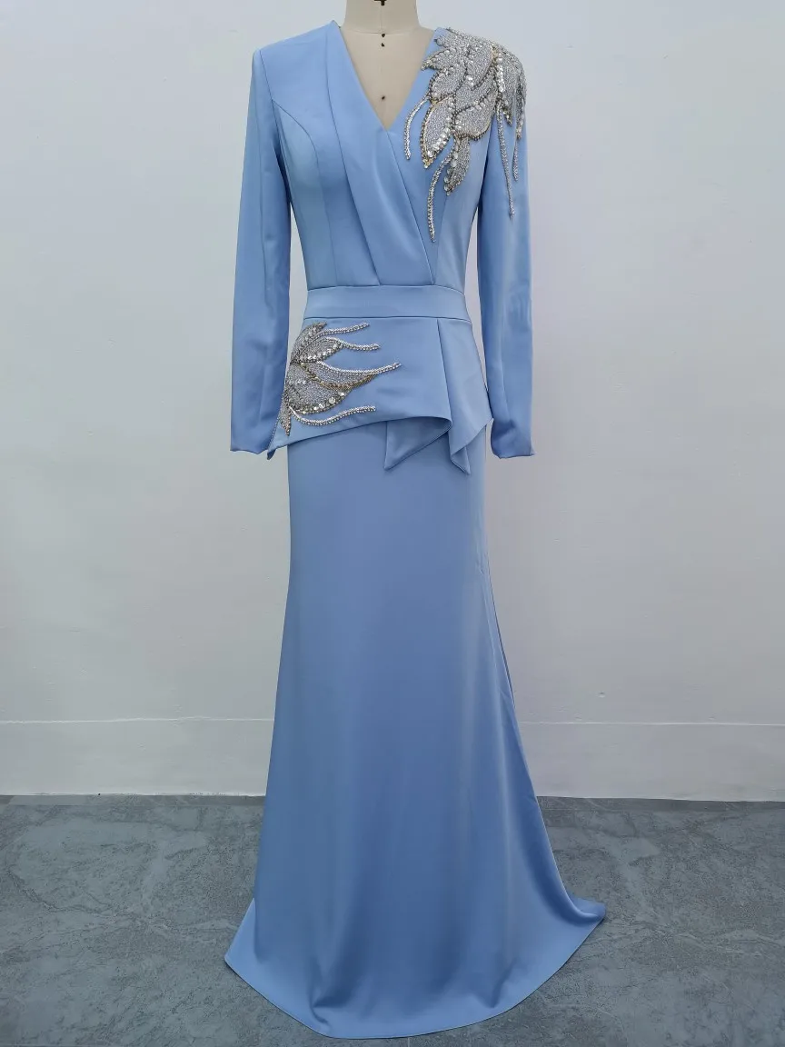 

Ashely Alsa Luxury Saudi Arabic Evening Dresses V Neck Long Sleeve Beading Mermaid Women Prom Party Dress Mother Of Bride Gown