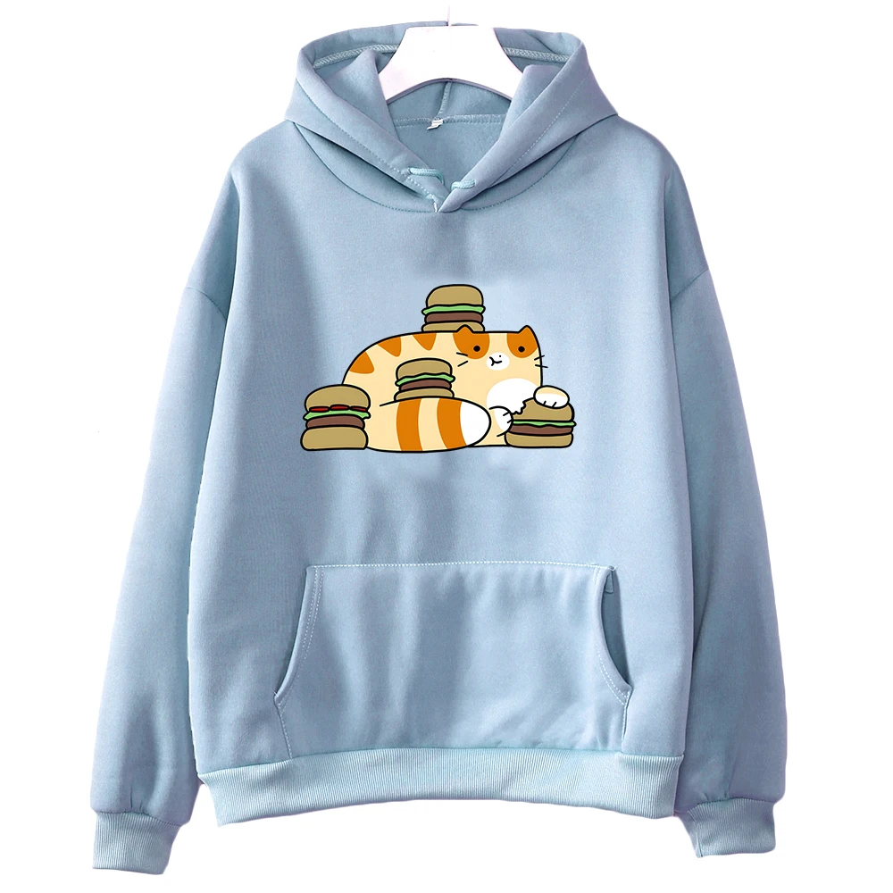 

Tabby Cat with Hamburgers Hooded Sweatshirts Women Autumn Winter Soft Hoodies for Girls Kawaii Graphic Clothing Cartoon Printed