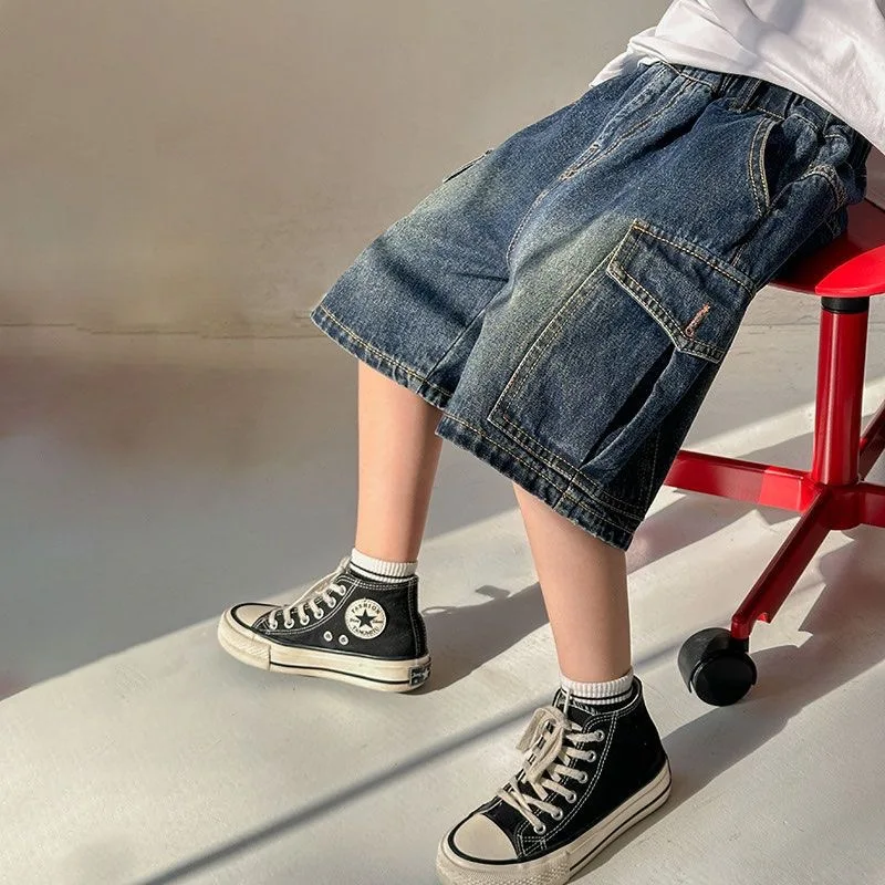 Kids Boys Cargo Denim Pants for Summer Dark Blue/Light Blue Big Pocket Loose Wide Leg Shorts Casual Children Short Pants A24607
