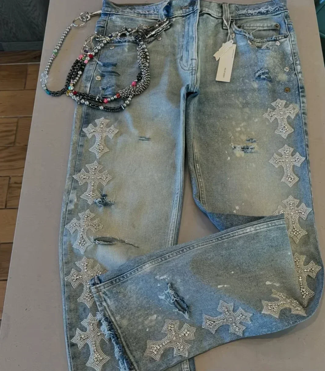 Streetwear Rhinestone Ripped Jeans Men Women Goth Punk Ripped Blue Denim Trousers Harajuku Retro Cross Graphic Patch Jeans Pants