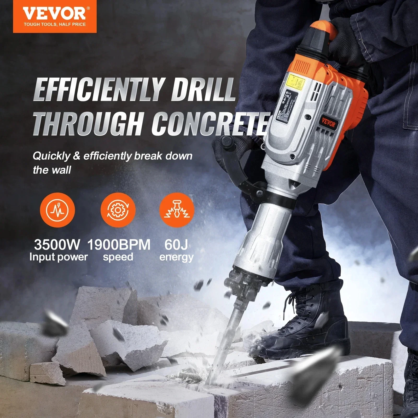 VEVOR 3500W Demolition Jack Hammer 60J Electric Jackhammer Concrete Breaker with 2 Chisel Bits for Trenching and Breaking Holes 2
