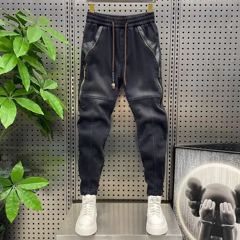 Harajuku Style Skinny Jeans Leather Stitching Multi-zip Pants High Quality Brand Men's Clothing 2