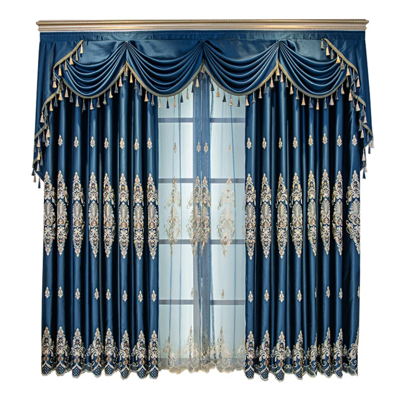 

Custom European living room fabric high-grade atmosphere embroidery blue cloth blackout curtain tulle valance drape C1154