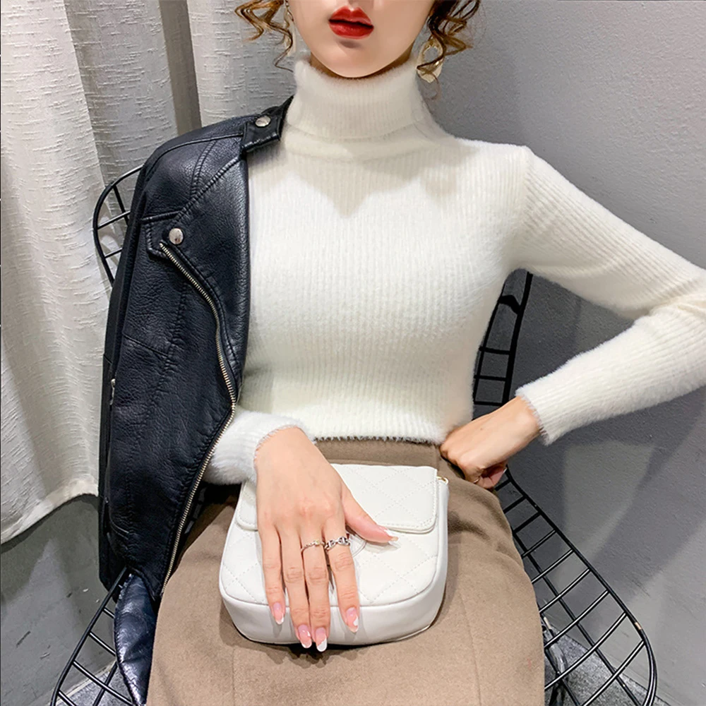 New Autumn Winter Women Sweater Turtleneck Green Knitted Pullover Fashion Keep Warm Tops Basic Slim Stretch Soft S-2XL T Shirt