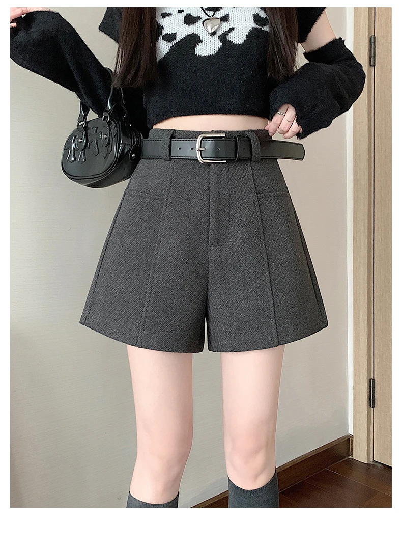 2025 Streetwear Woolen Winter Shorts Frau Casual Lose Breite Bein Kurze Hosen Femme Mit Gürtel Booty Grau Schwarz Cargo-Shorts frauen – Detail 7