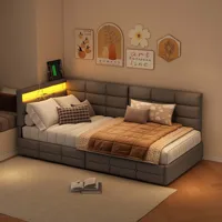 Rosahqnda Lit enfant 90x200cm, lit rembourré avec USB et lumière LED, canapé-lit simple avec 2 tiroirs, tissu en lin, sans matelas 6