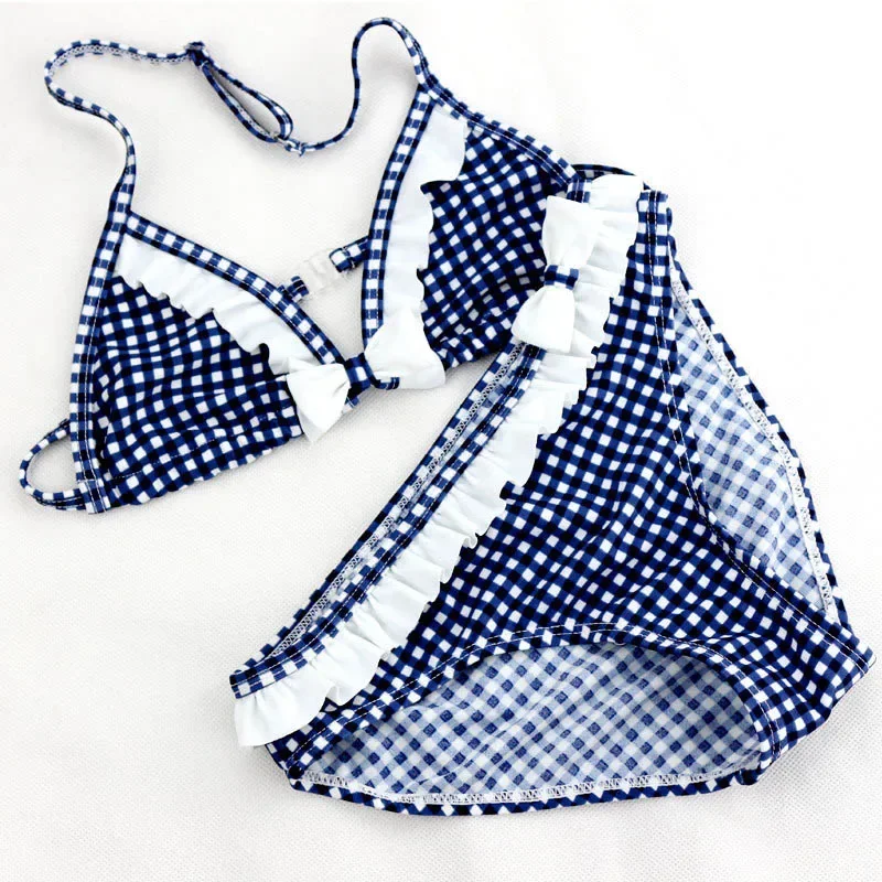 Summer Children's Two Pieces Swimsuit Girls Cute Swimwear Kids Infant Lovely Plaid Princess Bikini Suits Big Girl 6-16Y
