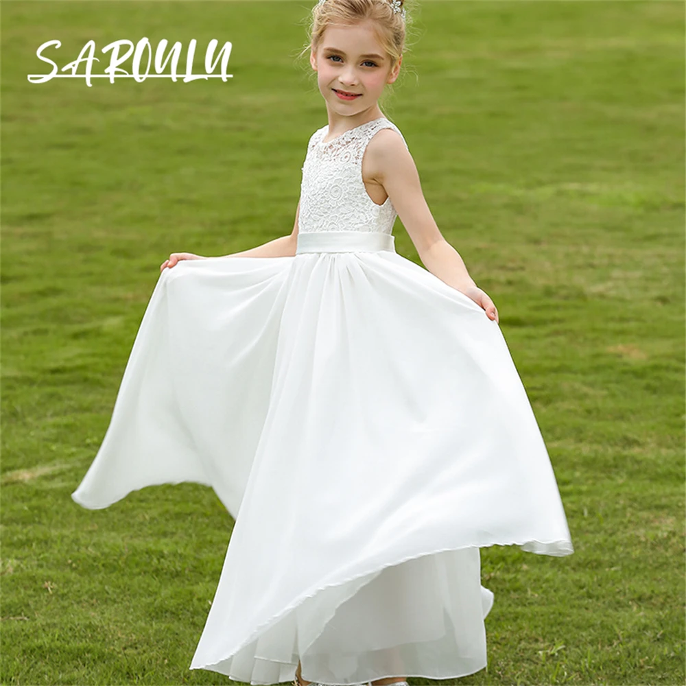 Pizzo O collo Chiffon Flower Girl Dress Tank Sleeve A Line bambini abiti formali Maxi abiti da ballo per bambino