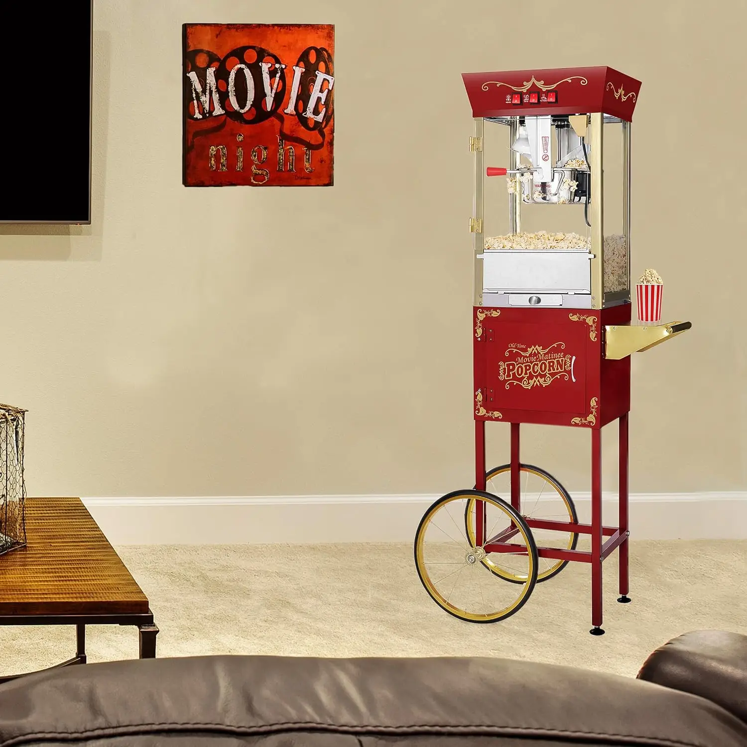 Popcorn Machine with Cart 8oz Popper with Stainless-Steel Kettle Warming Light and Accessories by Great Northern Popcorn Red