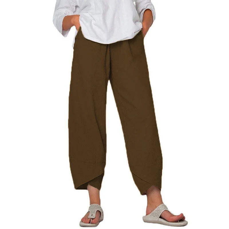 Spring and Summer New Women's Cotton Hemp Wide Leg Pants Solid Color Large Size High Waist Loose Casual Nine-point Pants Women