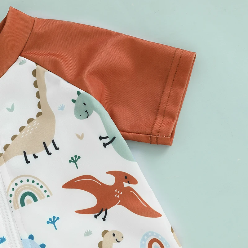 Toddler Infant Baby Kid Boy Swimsuit Dinosaur Pattern Short Sleeve Half Zipper Non-Pilling Rash Guard Swimwear Sunhat Set