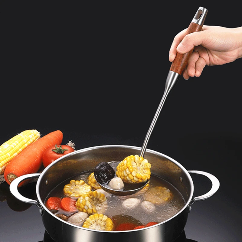 Thickened Stainless Steel Wooden Handle Spatula Soup Cooking Frying Shovel Anti-Scald Colander Integrated Kitchen Utensils