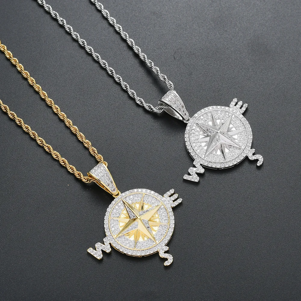 Mens Compass Necklace Pendant Fashion Compass Necklaces Zircon