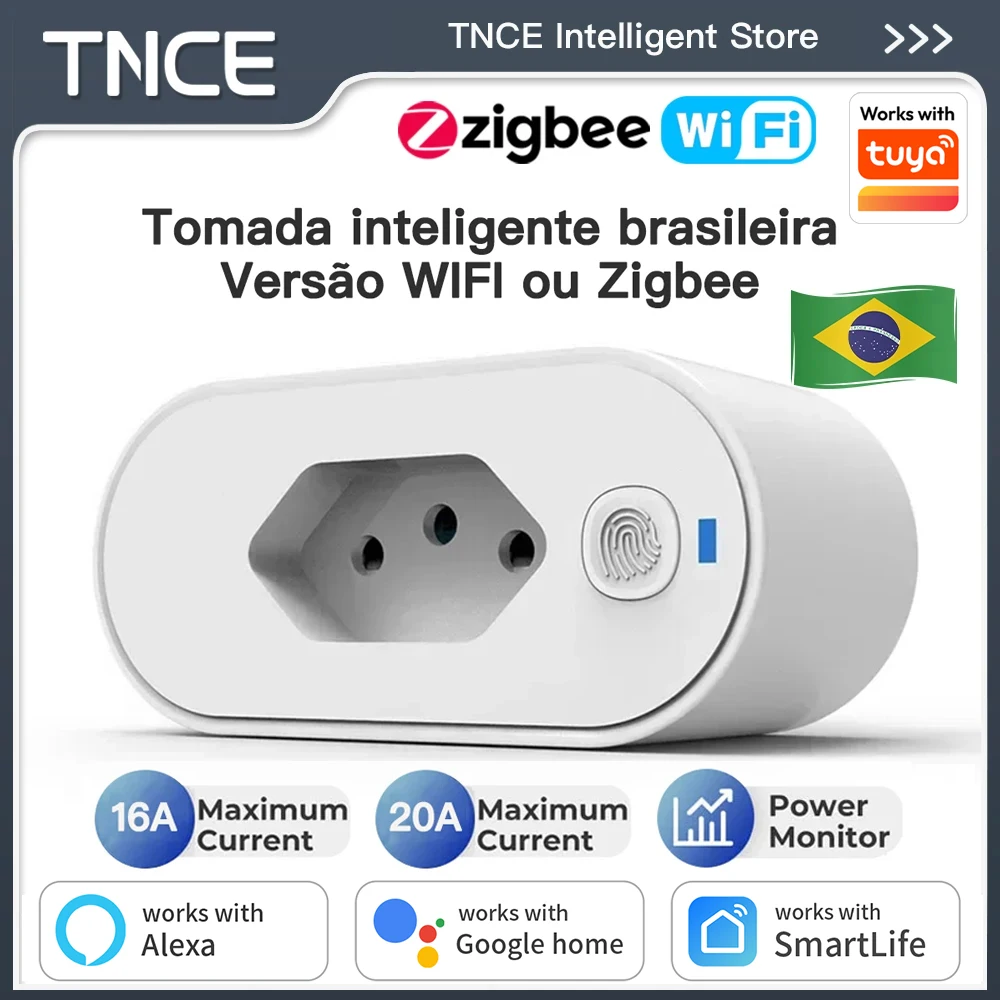 TNCE 투야 브라질 플러그 WIFI 또는 지그비 16/20A 소켓 전력 모니터링 기능, 스마트 콘센트 원격 제어, 구글 홈 알렉사 음성 제어