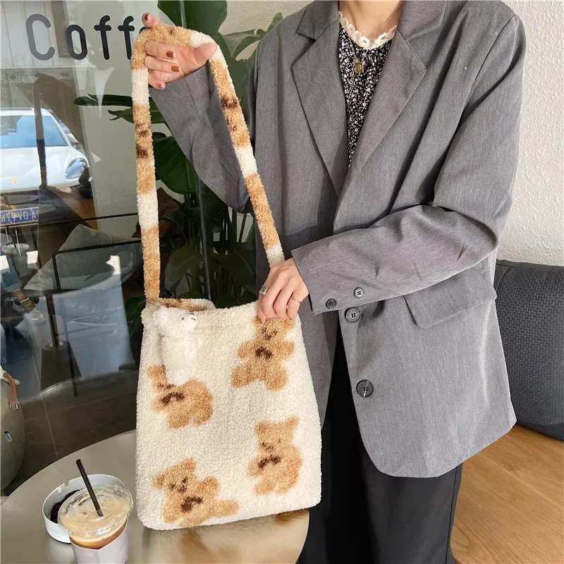 

Youda Women Plush Shoulder Bags Warm Cloth Fabric Handbag Soft Canvas Shopping Tote Diagonal Bag Cute Bear Bookbags For Ladies