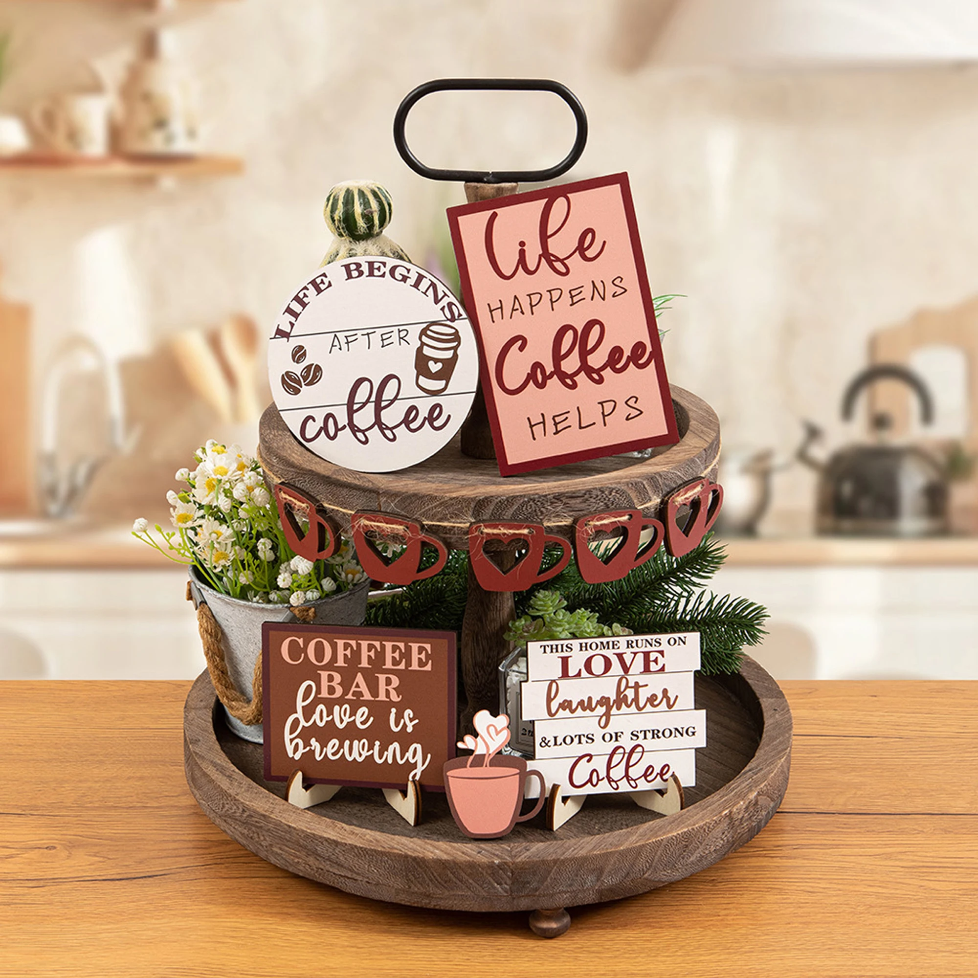 Rustic Coffee Lover s Tiered Tray Decor Set of 15 Wooden Farmhouse Table Ornaments for Home and Events