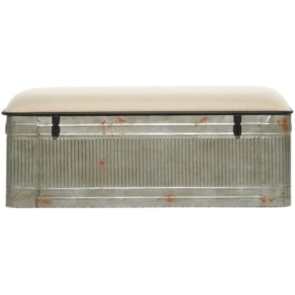

Metal Galvanized Storage Bench with Cream Burlap Top, 50" x 16" x 18", Gray, furniture , storage bench