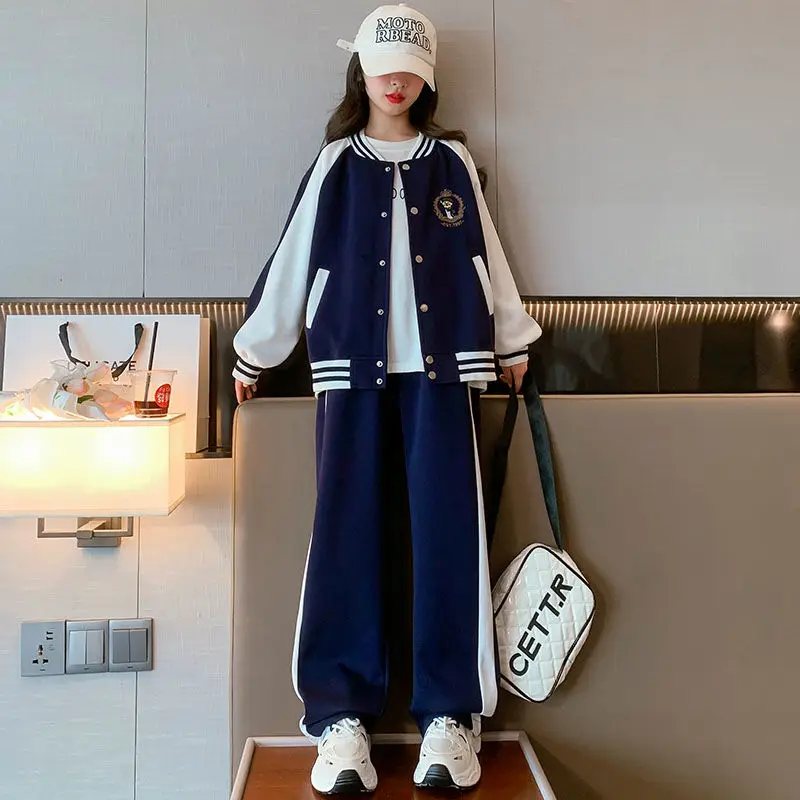 

Children's Clothing Teen Girls' Sets Two Pieces Baseball Coat Wide-leg Pants Loose Causal Patchwork 2023 Spring 5-12 Years Old