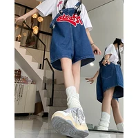 Women Streetwear Kawaii Denim Shorts Overalls Lady Fashion Embroidery Oversize Wide Leg Jeans Female Y2k Clothes Deep Blue Pants - Image 3