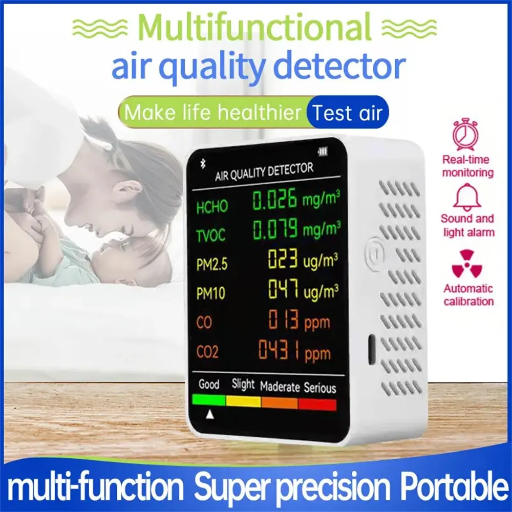 6 em 1 monitor da qualidade do ar exibição automática multifuncional parede escritório interior pendurado tela Detector de ar