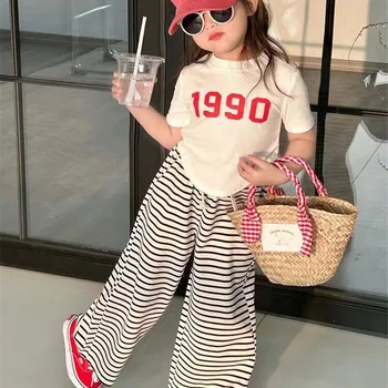 여아용 반팔 정장, 불규칙 상의 및 줄무늬 바지, 아동용 티셔츠 의류 세트, 2-8 세 아동 패션 의상, 여름 신상