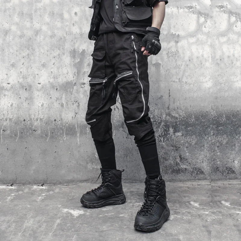 

Mens Zipper Multi-pocket Cargo Trousers Functional Style Streetwear Pencil Loose Techwear Harem Pants Male