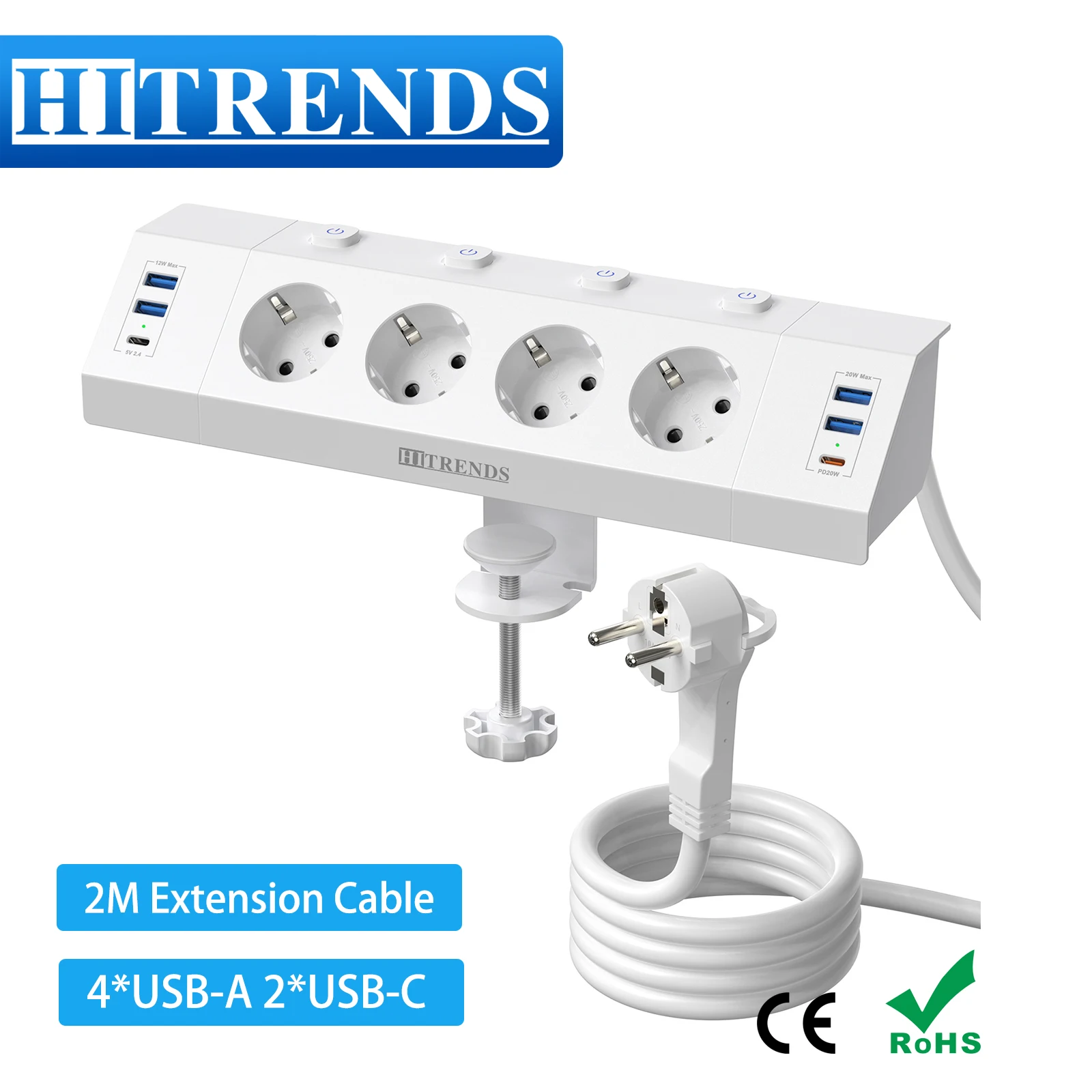 เดสก์ท็อป USB Socket Power Strip พร้อมสวิตช์แต่ละตัว, โต๊ะ EU ปลั๊กหลายซ็อกเก็ต USB C PD 20W, 2 M สําหรับ Home 1