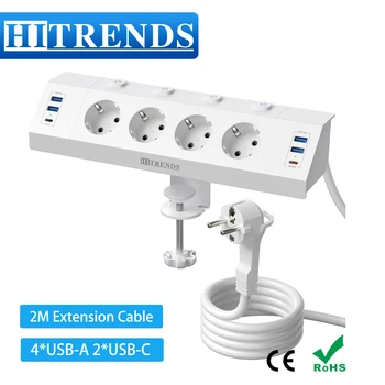 เดสก์ท็อป USB Socket Power Strip พร้อมสวิตช์แต่ละตัว, โต๊ะ EU ปลั๊กหลายซ็อกเก็ต USB C PD 20W, 2 M สําหรับ Home 1