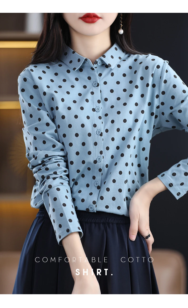 Women's New 100% Cotton Soft Sweater Polka-dot Knitted Polo Collar Long Sleeve Cardigan Spring Summer Shirt Ladies' Blouse Top