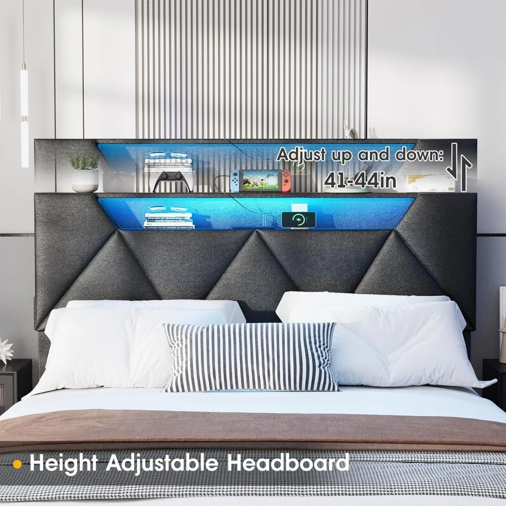 Vabches Queen Bed Frame with Storage Headboard and 4 Drawers,Upholstered Platform with Charging Station and Led Lights,Adjustabl 6