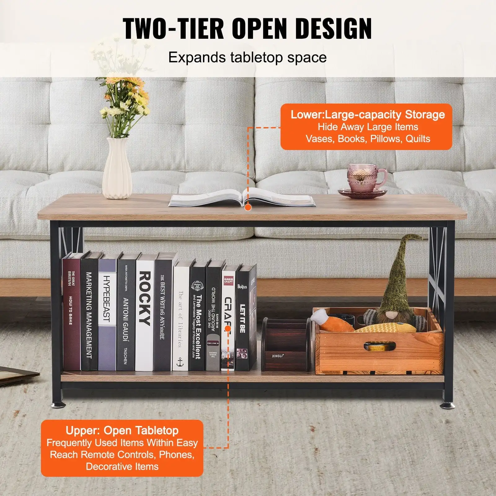 40" Farmhouse Coffee Table, Rectangle Coffee Table with Open Storage Compartment, Wooden Rustic Cocktail Table for Living Room 3