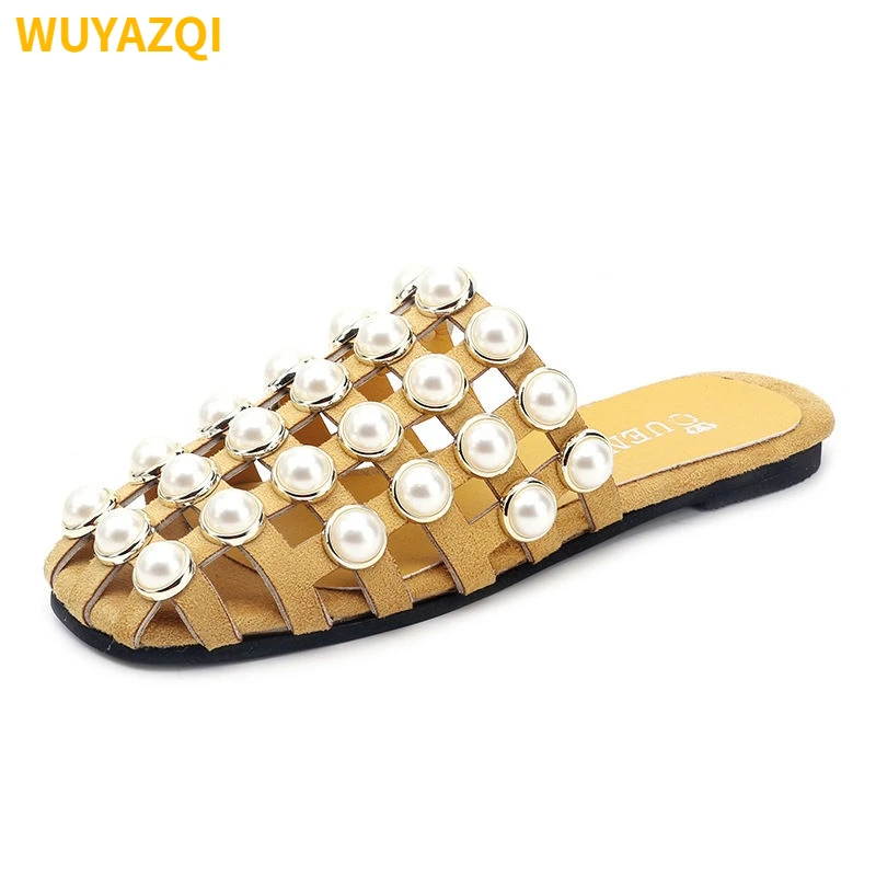 

Новые женские тапочки WUYAZQI, модная повседневная женская обувь, удобные шлепанцы на плоской подошве с жемчугом